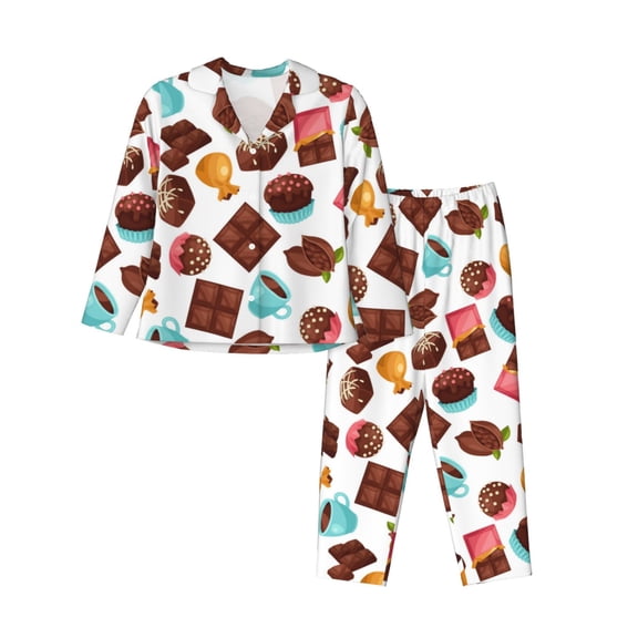 Pajamas for Women Sets, Coffee Chocolate Print Lounge Sets Long Sleeve Button Down Night Shirts Sleepwear Pjs