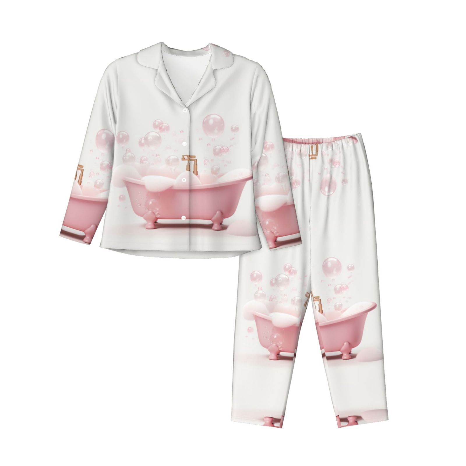 Pajamas for Women Sets, Cute Bathtub Lounge Sets Long Sleeve Button Down Night Shirts Sleepwear Pjs