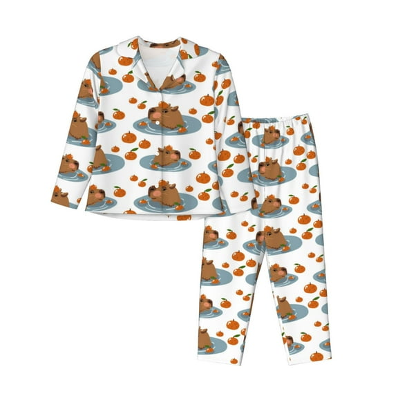 Pajamas for Women Sets, Cute Capybaras Orange Lounge Sets Long Sleeve Button Down Night Shirts Sleepwear Pjs