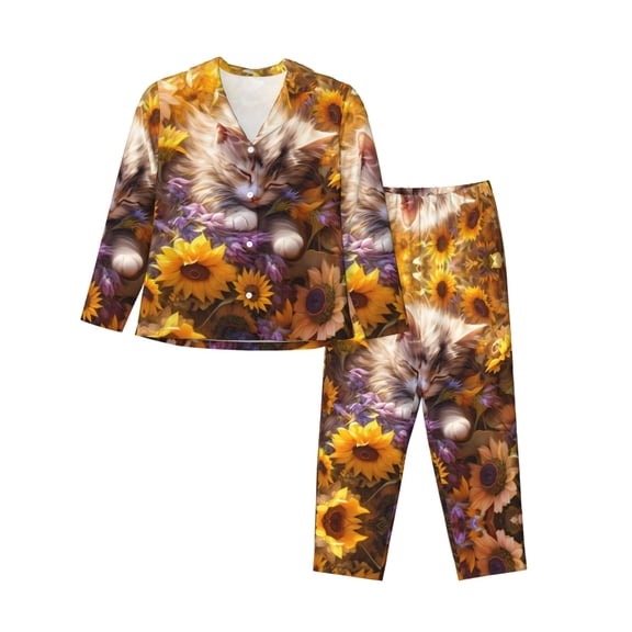 Pajamas for Women Sets, Cute Cat Sunflower Lounge Sets Long Sleeve Button Down Night Shirts Sleepwear Pjs