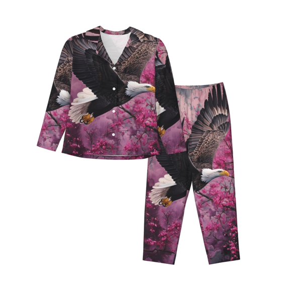 Pajamas for Women Sets, Pink Flower Bald Eagle Lounge Sets Long Sleeve Button Down Night Shirts Sleepwear Pjs
