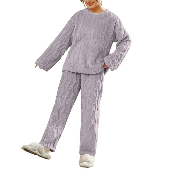 Pajamas for Women Sets Soft Comfy Fluffy Pajama Fleece Pullover Ribbed Pjs Warm Plush Lounge Sleepwear 2 Piece Light Purple One Size