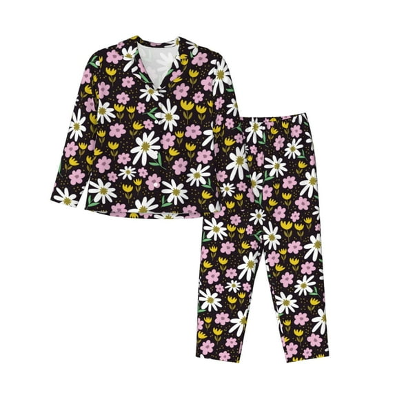 Pajamas for Women Sets, Starry Sky Black Daisies Flowers Lounge Sets Long Sleeve Button Down Night Shirts Sleepwear Pjs