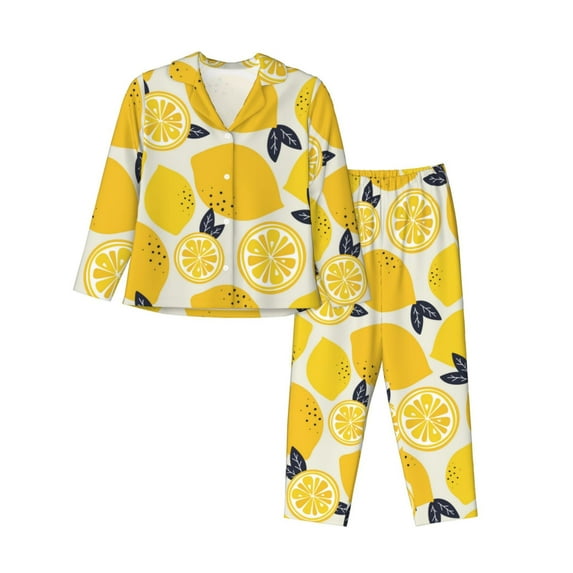 Pajamas for Women Sets, yellow Lemon pattern Lounge Sets Long Sleeve Button Down Night Shirts Sleepwear Pjs
