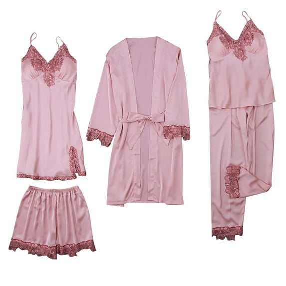 Pajamas for Women Silk Pajama Set 5pcs Cami Top Shorts Nightgown Sleepwear Robe Sets Cute Satin Lounge Pjs for Women