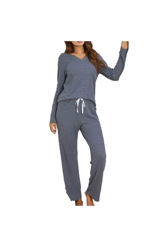 Pajamas for Women Soft Comfy 2-Piece Waffle Knit Set Solid Relaxed-Fit Long Sleeve V-Neck Tee Shirts Straight Pants Lounge Set