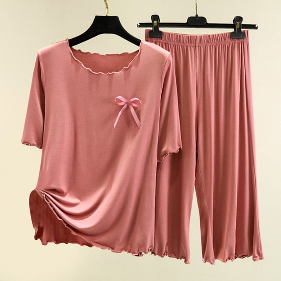 Pajamas for Women Summer Two Piece Lounge Set Crewneck Lightweight Casual Short Sleeve Sleepwear