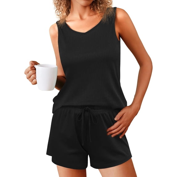 Pajamas for Women: Summer Two Piece Womens Pajama Sets, Solid Tank Tops and Shorts Sleepwear Outfits Loungewear