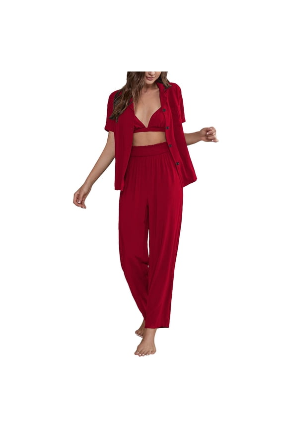Pajamas for Women Trendy Front Button Long Sleeve Pant Sleepwear