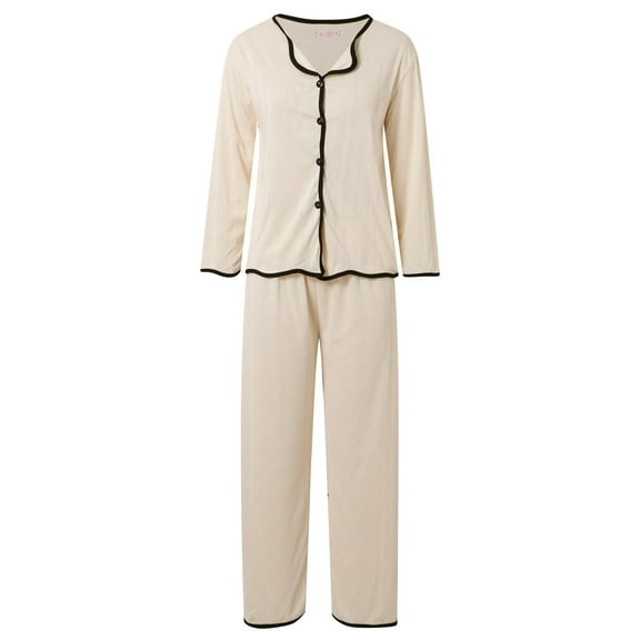 Pajamas for Women Trendy Long Sleeve Button Down Pant Womens Sleepwear,Beige,M