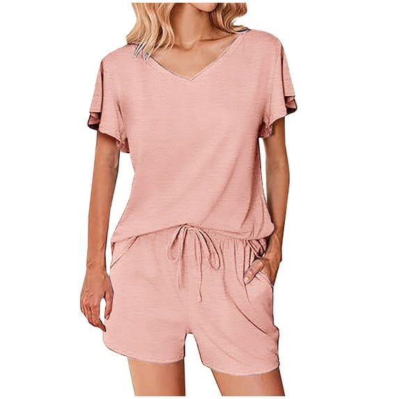 Pajamas for Women Two Piece Pj Shorts Summer Lounge Set Pleated V-Neck Loose Top Loungewear Sets