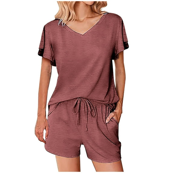 Pajamas for Women Two Piece Pj Shorts Summer Lounge Set Pleated V-Neck Loose Top Loungewear Sets