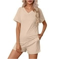 thumbnail image 1 of Pajamas for Women Two Piece Pj Shorts Summer Lounge Set Pleated V-Neck Loose Top Loungewear Sets, 1 of 9