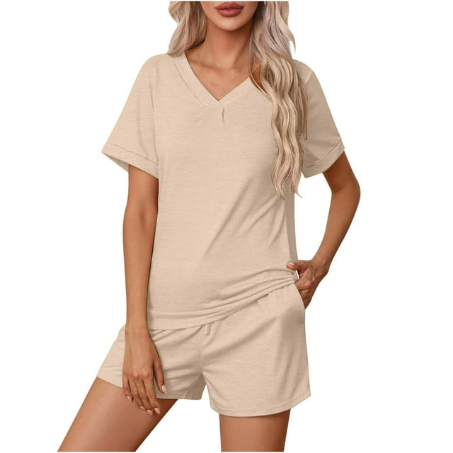 Pajamas for Women Two Piece Pj Shorts Summer Lounge Set Pleated V-Neck Loose Top Loungewear Sets