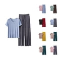 thumbnail image 1 of Pajamas for Women – Vacation Lounge Shorts V Neck Short Sleeve Pajama Set With Loose Fit Long Pants For Women Thin Summer Sleepwear, 1 of 4