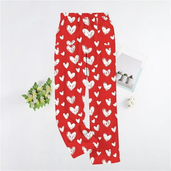 Pajamas for Women Valentine's Day Gift for Her Heart Print Cozy Flannel with Pockets Long Pajamas Pants Red