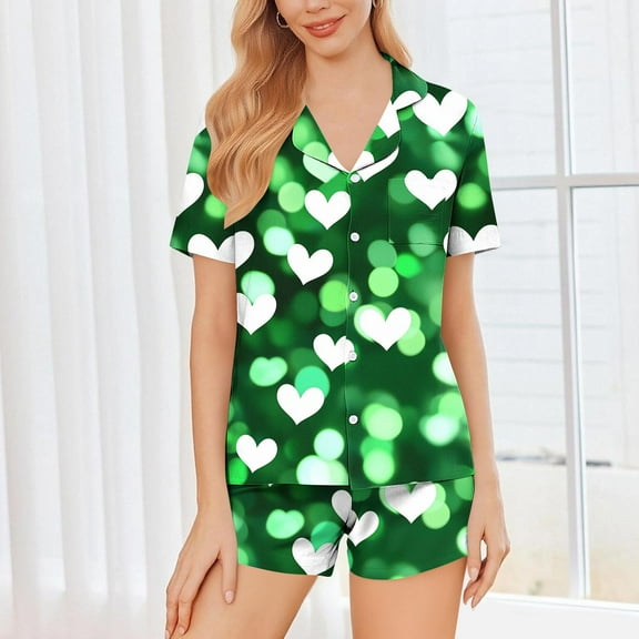 Pajamas for Women Valentine's Day Gift for Her Heart Printed Casual Lapel Button Short Sleeve Blouse And Short Pants Pajama Sets Green