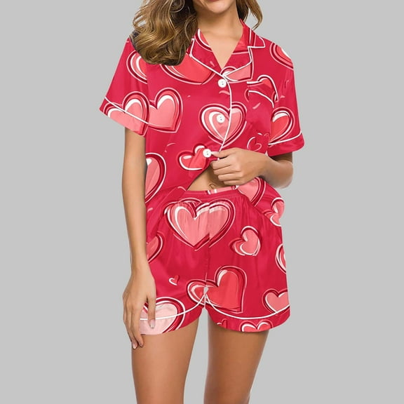 Pajamas for Women Valentine's Day Gift for Her Heart Printed Lapel Short Sleeve Blouse Short Pants Pajamas Set Red