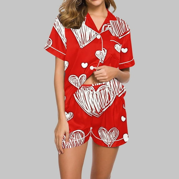 Pajamas for Women Valentine's Day Gift for Her Heart Printed Lapel Short Sleeve Blouse Short Pants Pajamas Set Red