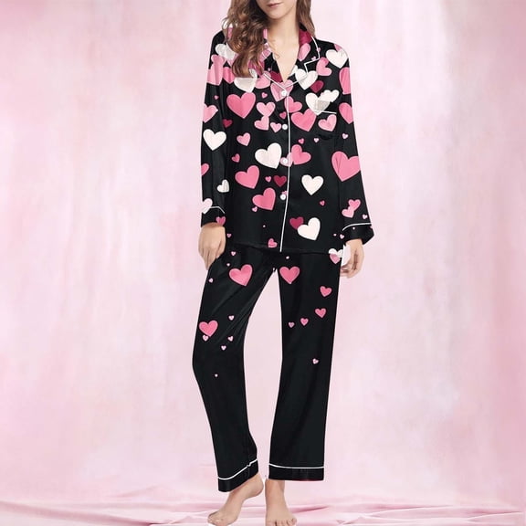 Pajamas for Women Valentine's Day Gift for Her Heart Printed Long Sleeved Lapel Casual Top Pants Pajama Sets Black