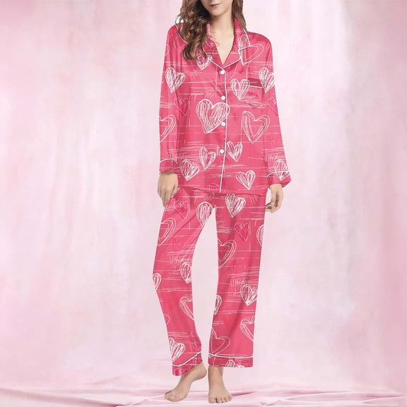Pajamas for Women Valentine's Day Gift for Her Heart Printed Long Sleeved Lapel Casual Top Pants Pajama Sets Hot Pink