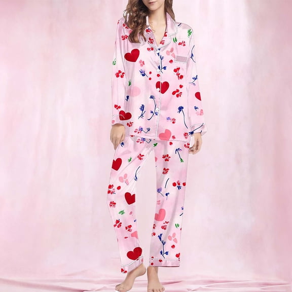Pajamas for Women Valentine's Day Gift for Her Heart Printed Long Sleeved Lapel Casual Top Pants Pajama Sets Pink
