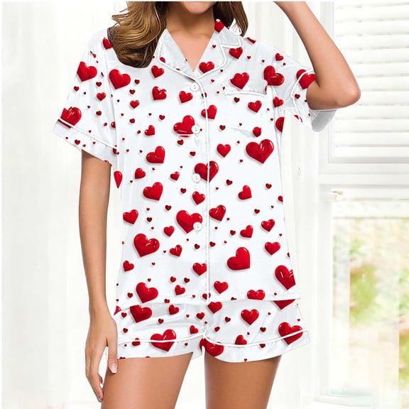 Pajamas for Women Valentine's Day Gift for Her Heart Printed Stand Up Collar Pocket Short Sleeved Top Shorts Home Wear Pajama Sets Red10