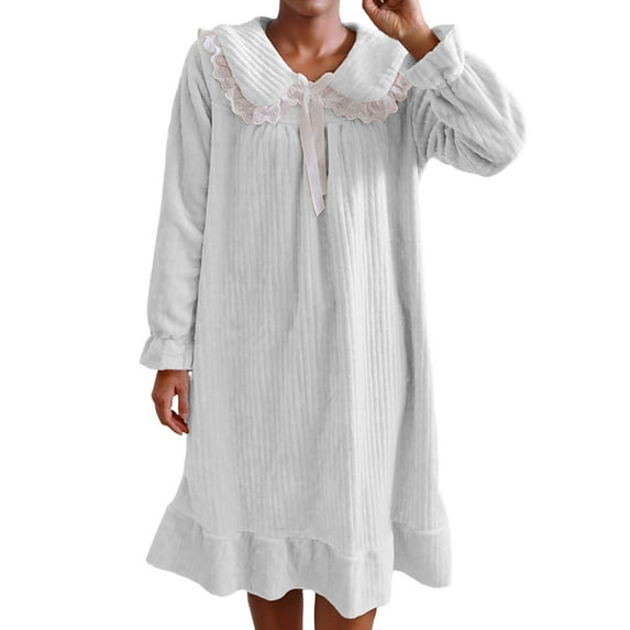 Pajamas for Women - Women's Winter Casual Doll Collar Princess Style Dress Flannel Bow Midi Nightdress White M