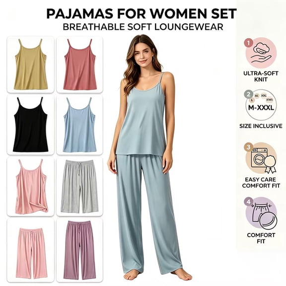pstuiky Pajamas for Women Set,Women's Solid Color Suspender Tops with Lounge Pants Pajama 2-Piece Set Sleepwear , Breathable Soft Loungewear Summer Pajamas for Home and Travel