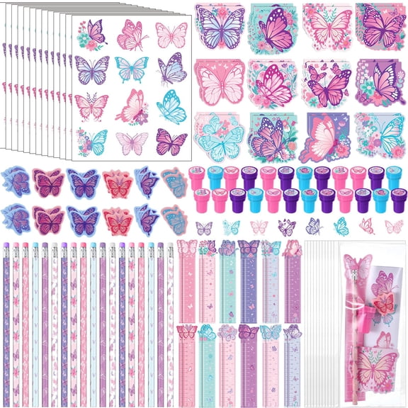 Pajean 168 Pcs Butterfly Party Favors Set Butterfly Fairy Stationery Bulk for Kids Purple Pink Pencil Notebook Ruler Stamp Goodie Bag Stuffers for Spring Birthday Tea Party Items Rewards Y114