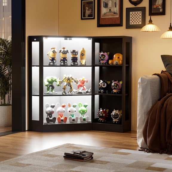 PakaLife 39.4" H Corner Display Curio Cabinet with Glass Doors, Glass Display Case with LED Lights for Collectibles, Living Room,Black