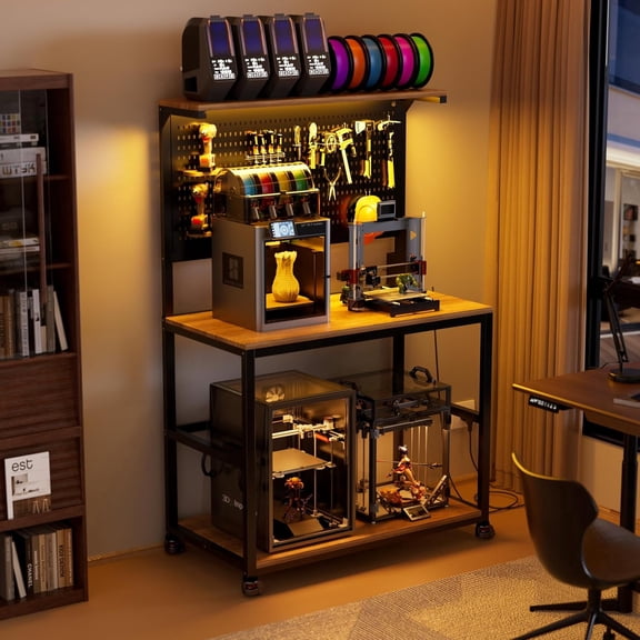 PakaLife 39.4"W 3D Printer Stand with Filament Storage, LED Lights and Charging Station, Spools Holder Racks, for Workshop/Office/Garage, Brown