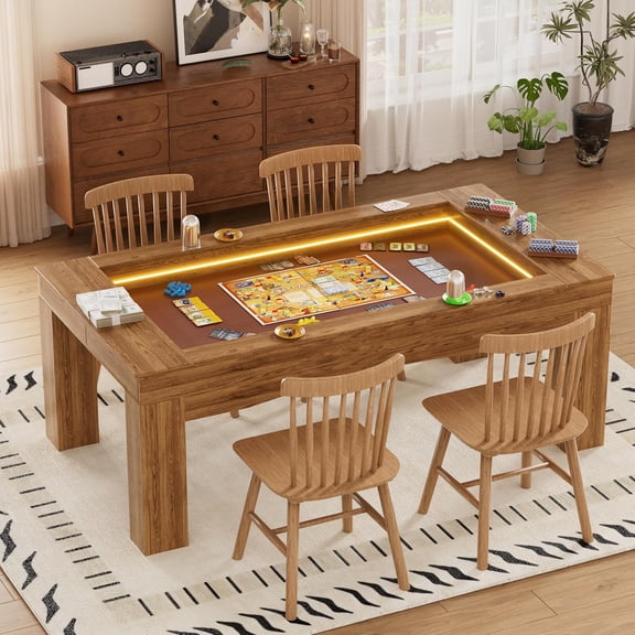 PakaLife 55.9" Board Game Table with Removable Table Top, Seats 4 to 6 Players with 43.3in x 26in Play Area, with LED Lights, Detachable Hobby Tray
