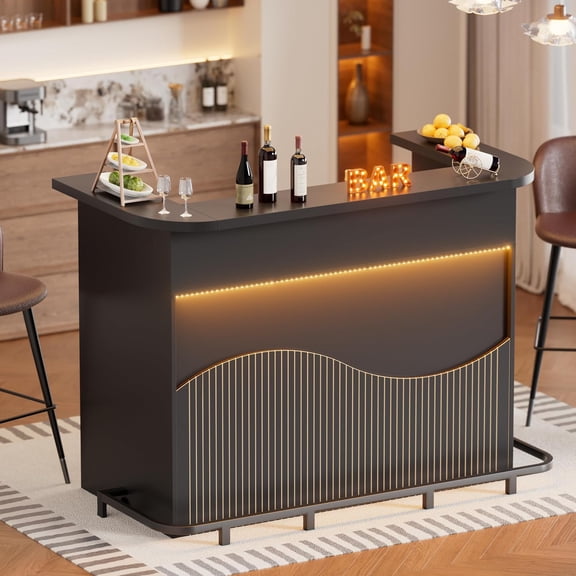 PakaLife 59" W Modern Home Bar Unit with LED Lights, U-Shape Liquor Wine Cabinet, Mini Bar Table with Fridge Space, for Living Room, Dining Room