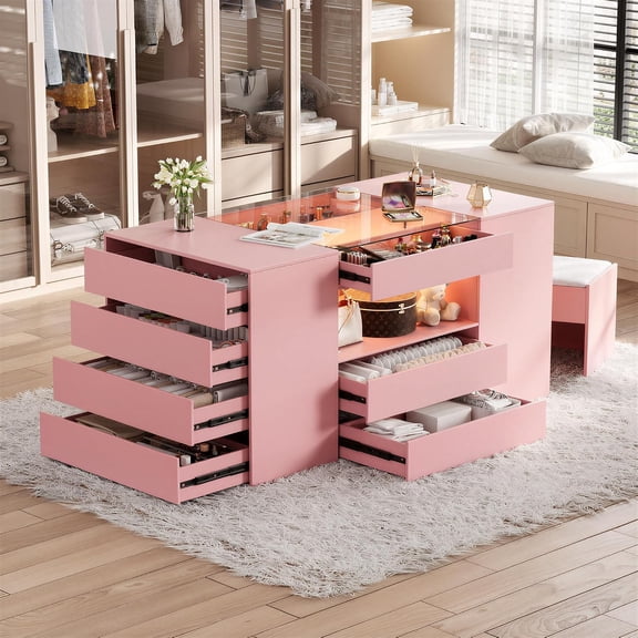 PakaLife 62" W Large Luxury Closet Island with 10 Drawers, LED Lights & Glass Top, Walk in Islands with Drawers Both Sides, Modern Wooden Wardrobe Storage Cabinet for Dressing Room, Pink