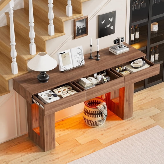 PakaLife 63" Extra Long Console Table with LED Lights and 3 Drawers, Wooden Sofa Table Behind Couch, Farmhouse Entry Table Foyer Hallway Table, Console Sofa Table for Entrance, Hallway, Living Room