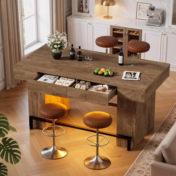 PakaLife 63" Farmhouse Bar Table, Counter Height Pub Table with 4 Drawers and LED Lights, High Top Bar Unit for Kitchen, Dining Room, Bistro, Natural