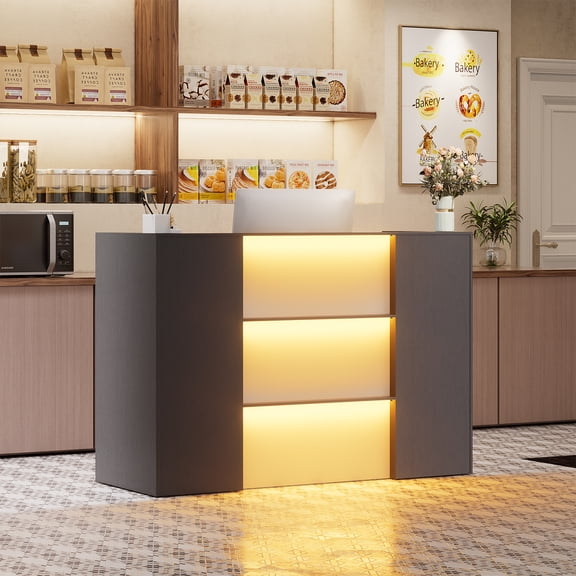 PakaLife 63" Front Reception Counter Desk Checkout Office Desk with Shelf & Lockable Drawer, LED Lights