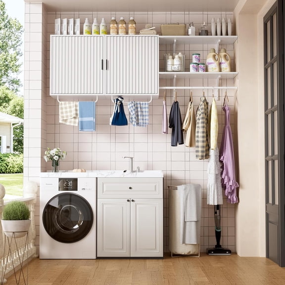 PakaLife 65.4" W Laundry Room Cabinet with Hanging Rods, Reversible Build-in Cabinet with Shelf Towers, Floating Storage Cabinet for Kitchen, Bathroom or Pantry Organization