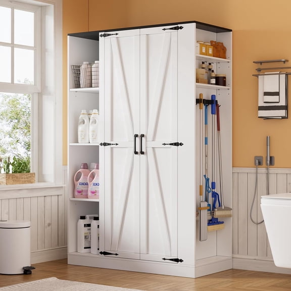 PakaLife Broom Closet Storage Cabinet, 63" H Wooden Tool Cabinets with Door and 6 Shelves, Utility Cabinet with Hanging Rod and Broom Holder