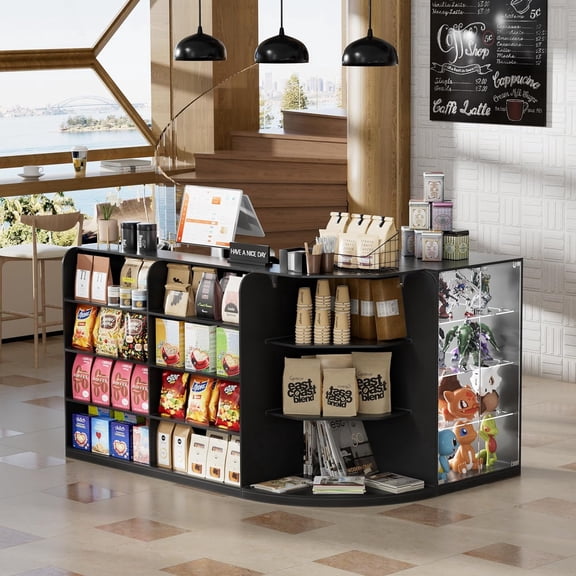 PakaLife L-Shaped Reception Desk with Counter for Retail & Checkout, Front Reception Counter with Drawers & Open Shelves, for Beauty Salon,Shop,Bar, Black
