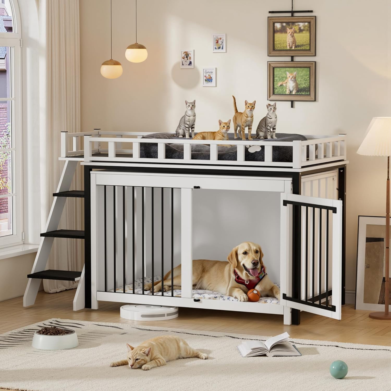 Image showcasing PakaLife Loft-Style Dog Crate Furniture with Double Doors, Heavy Duty ...