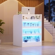 PakaLife Small Modern Reception Desk with LED Lights & Open Shelves, Front Desk with Lockable Drawer, Retail Counter for Checkout