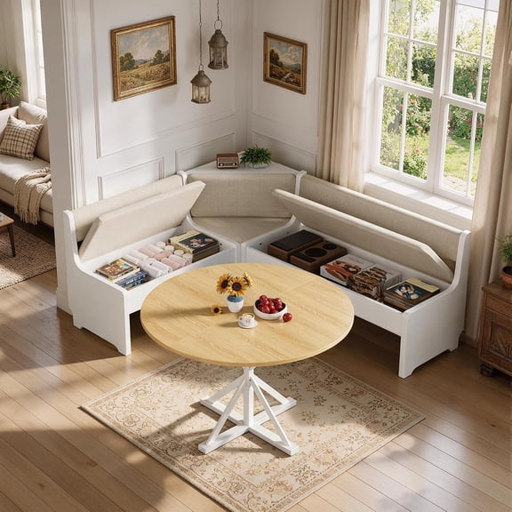 PakaLife Wood Corner Breakfast Nook Table Set with Soft Cushioned Bench, L-Shape Corner Dining Nook Table Set with Hidden Storage Benches, Space-Saving 4-5 Seat Farmhouse Style for Family Home
