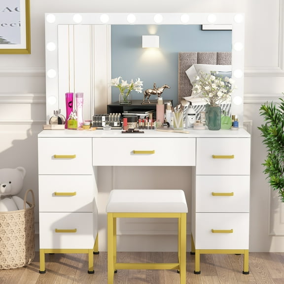 Pakasept LED Lights Mirror Drawers Vanity Desk Stool table Set White