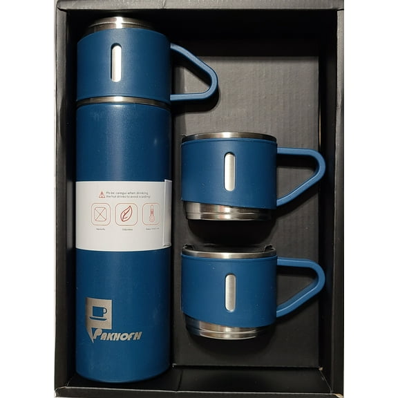 Pakhofh 500Ml (16.9oz) 304 Stainless Steel Thermos Vacuum Flask with 2 Thermos Cups (Set) (Blue)
