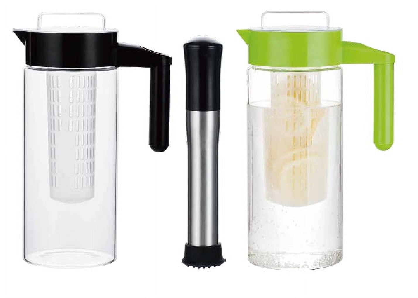 Pakhofh Glass Fruit Infusion Muddler and Pitcher Set (Black & Green w/Black Plunger)