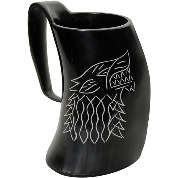 SZCO 6 Inch Fenrir Wolf Tankard Buffalo Horn Drinking Mug with Engraved Wolf Design, Wooden Base, 600ml Rustic Beverage Cup