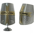 thumbnail image 1 of SZCO Crusader Helmet with Stand – Full-Size Carbon Steel Medieval Helmet with Brass Cross, Inner Lining & Adjustable Strap, 8.5” W x 12.5” L, Decorative & Display Use, 1 of 6