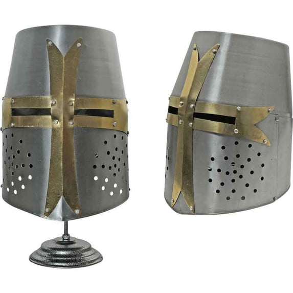 SZCO Crusader Helmet with Stand – Full-Size Carbon Steel Medieval Helmet with Brass Cross, Inner Lining & Adjustable Strap, 8.5” W x 12.5” L, Decorative & Display Use